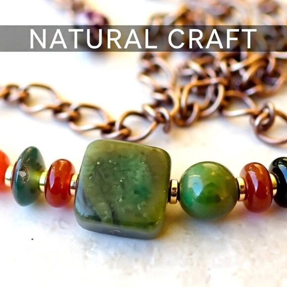 Handmade Asymmetrical Choker! Semi-Precious Stone Beads + Copper! Fall Colors! - Picture 4 of 15